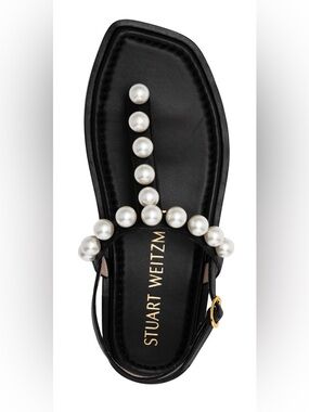 Stuart Weitzman Black Leather T-Strap Sandal with Pearl Embellishments, Size 7C